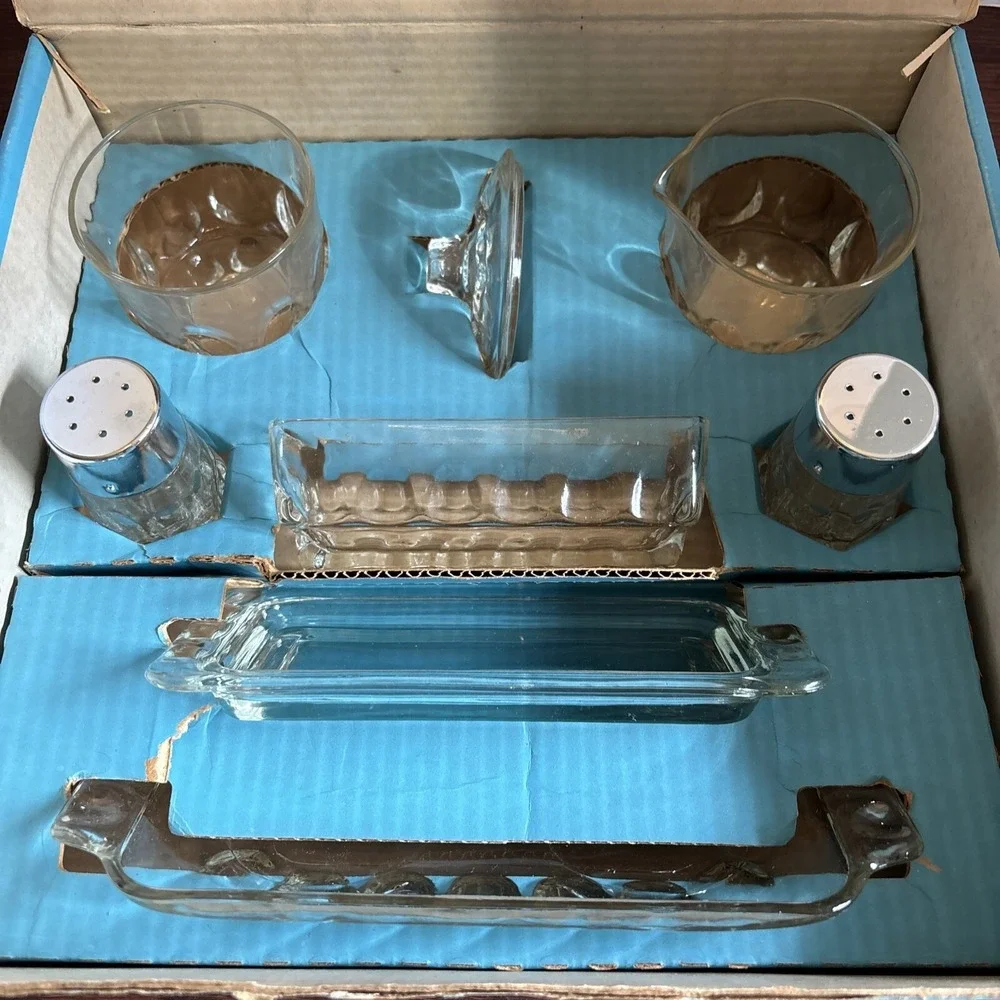 Vintage Hazelware 8 pc. Crystal Table Set In Box S&P, Cream, Sugar, Butter, Tray